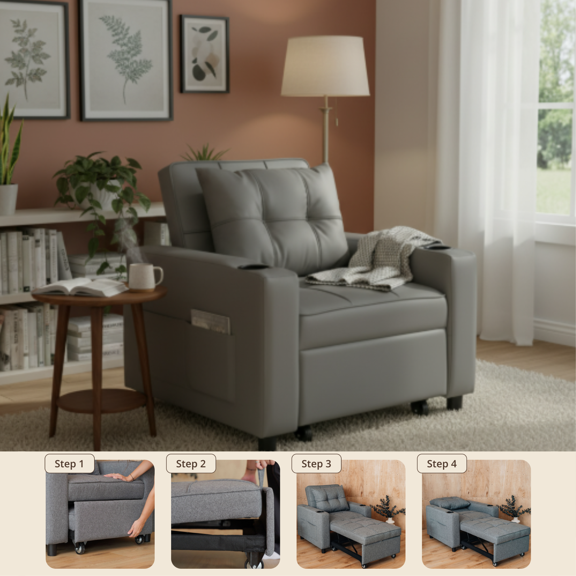 Convertible Sleeper Skyland Chair Grey PU