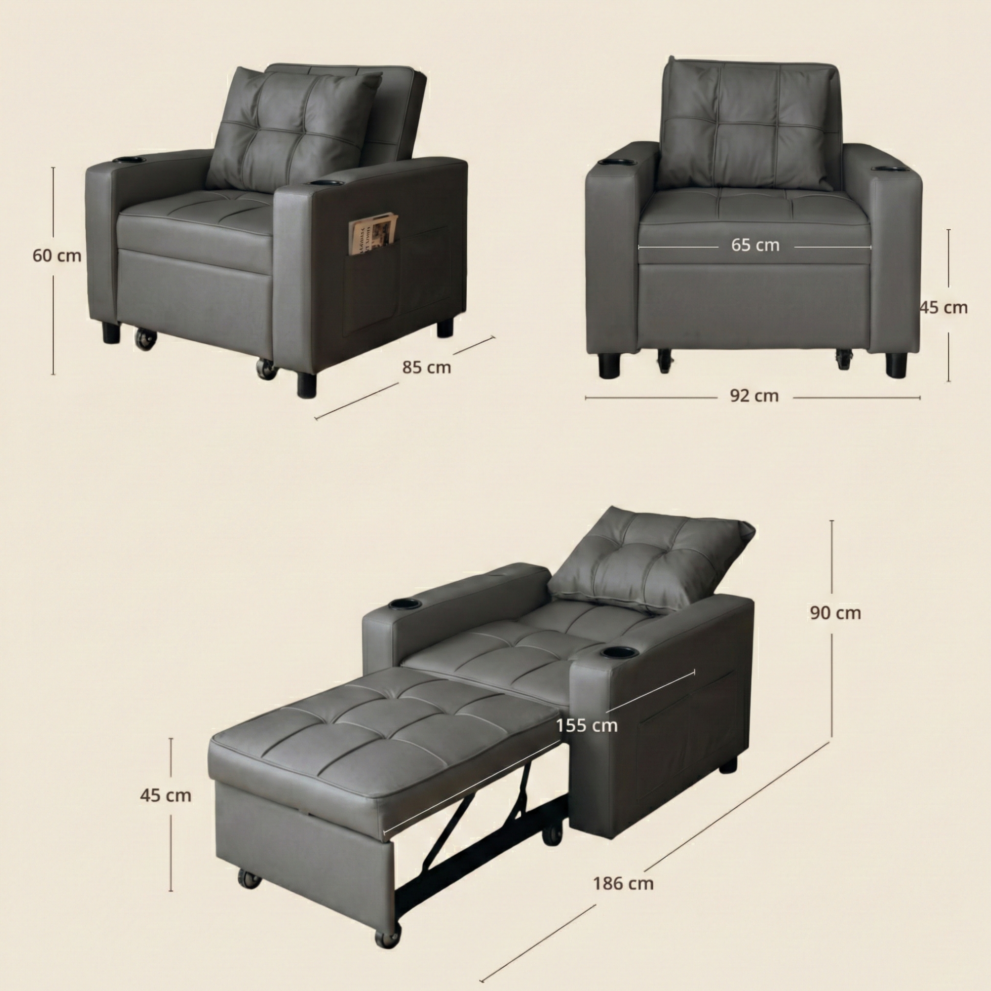 كرسي Skyland قابل للتحويل إلى سرير رمادي من الجلد الصناعي